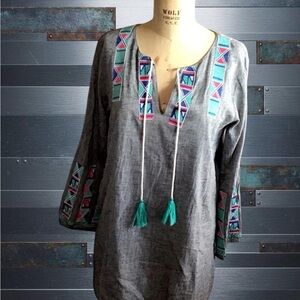 THML Woven Embroidered Gray Tunic Top with Teal Tassels